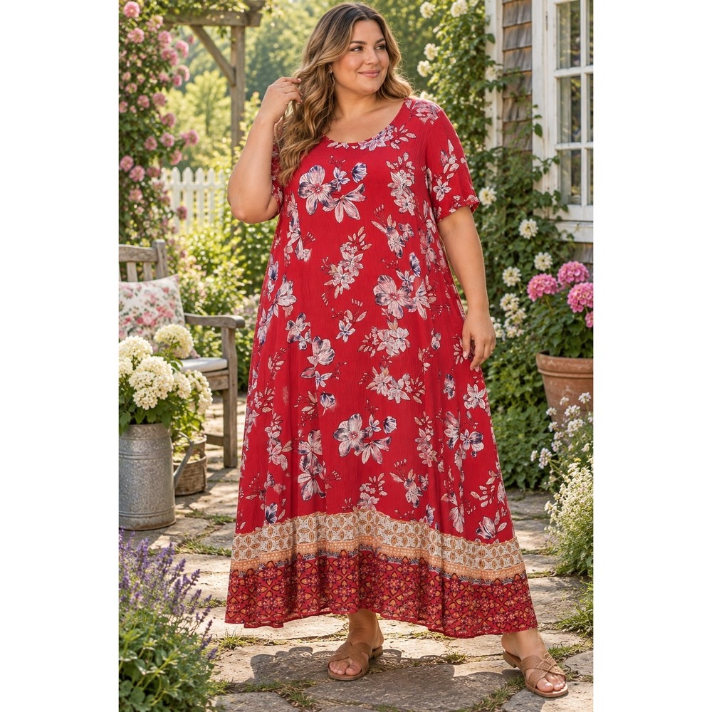 Woman Within 2X 26/28 Red Floral Crinkle Rayon Boho Maxi Dress Plus Size -3741